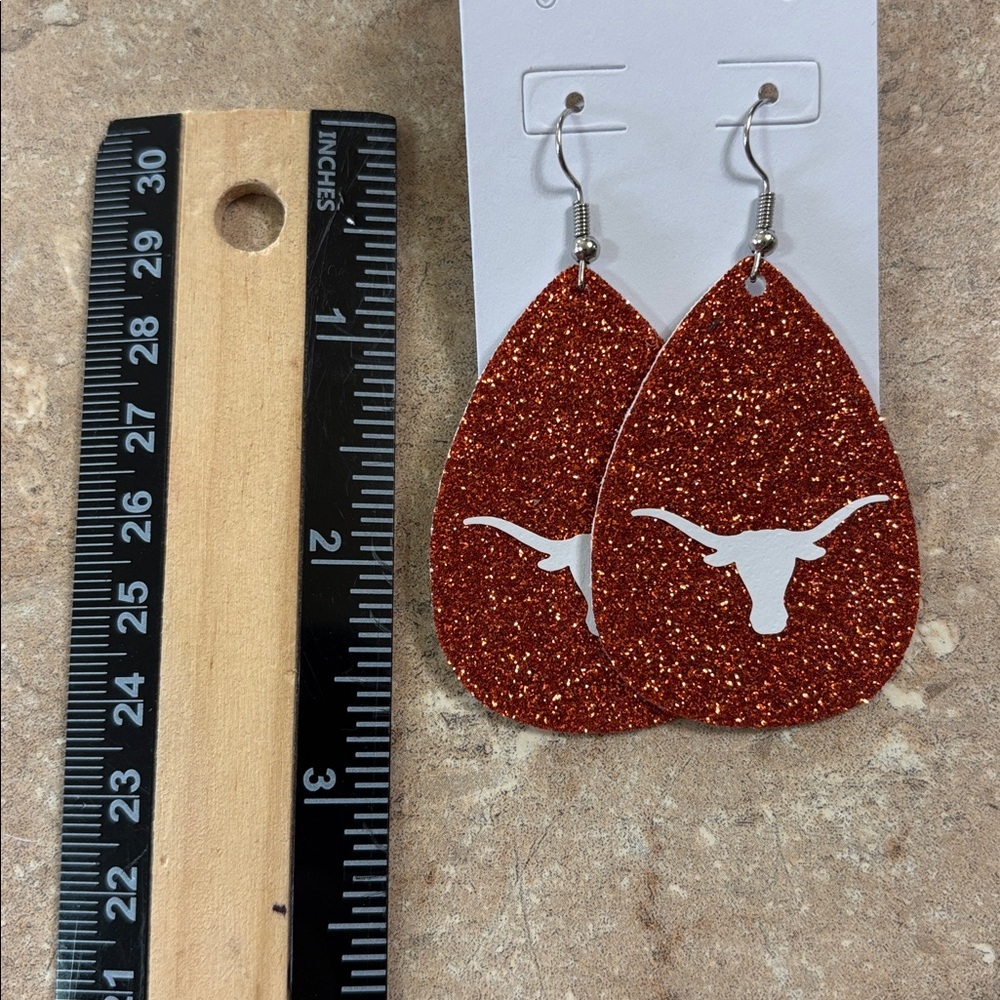 Handmade 2.5” Faux Leather Glitter Texas Longhorn Teardrop Earrings NEW - Picture 5 of 5